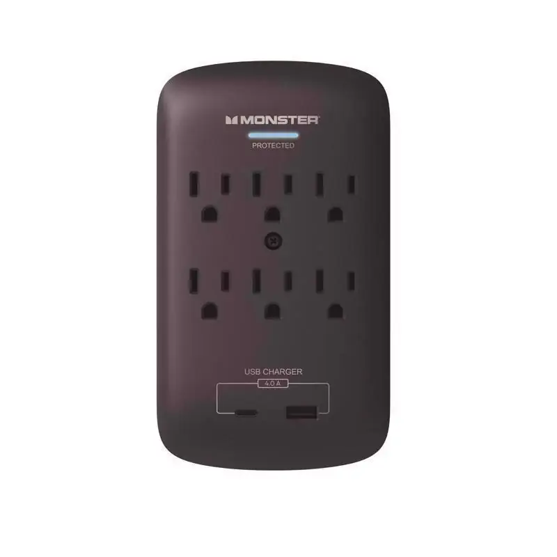 Monster Just Power it Up 0 ft. L 6 outlets Wall Tap Surge Protector w/USB Black 1200 J While Supplies Last