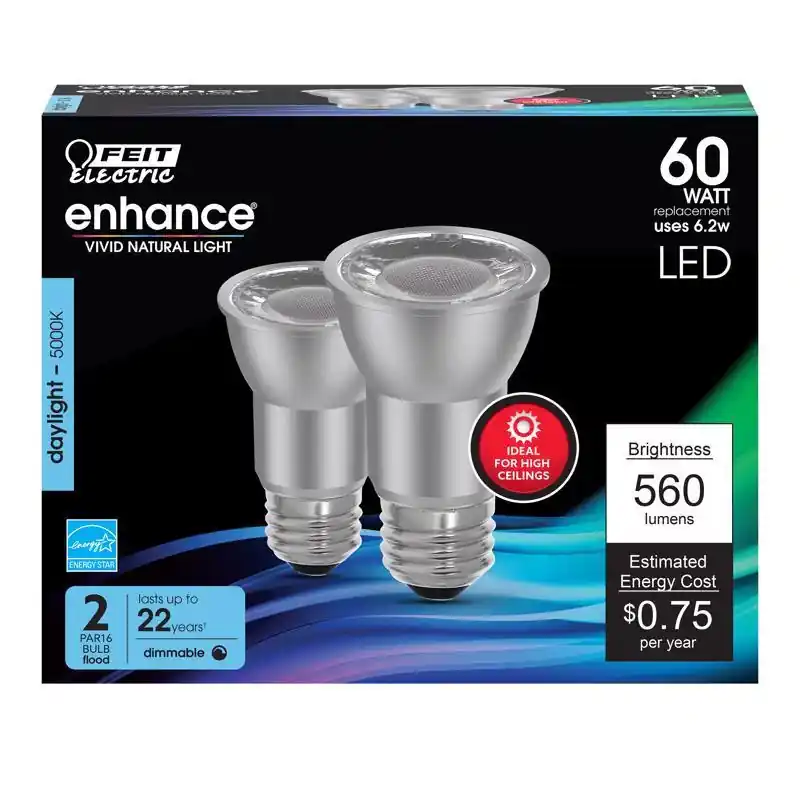 Feit PAR16 E26 (Medium) LED Floodlight Bulb Daylight 60 Watt Equivalence 2 pk Time-Limited