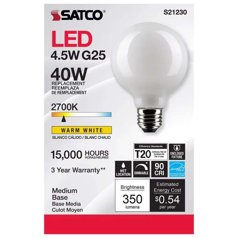 Satco G25 E26 (Medium) Filament LED Bulb Warm White 40 Watt Equivalence 1 pk Latest