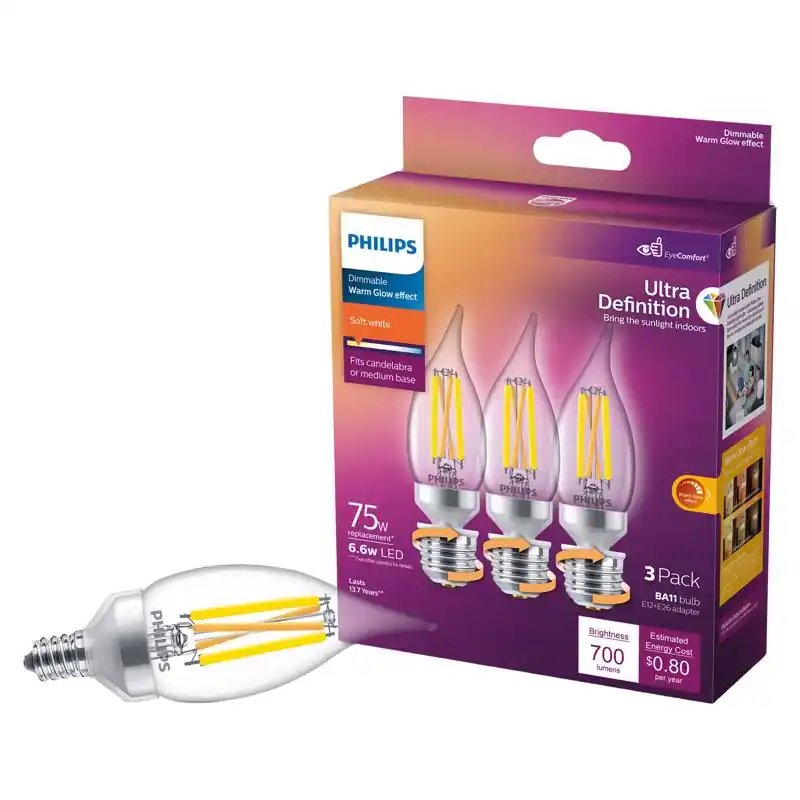 Philips BA11 E12 (Candelabra) LED Bulb Soft White 75 Watt Equivalence 3 pk Clearance