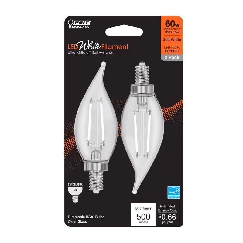 Feit White BA10 E12 (Candelabra) Filament LED Bulb Soft White 60 Watt Equivalence 2 pk Markdown