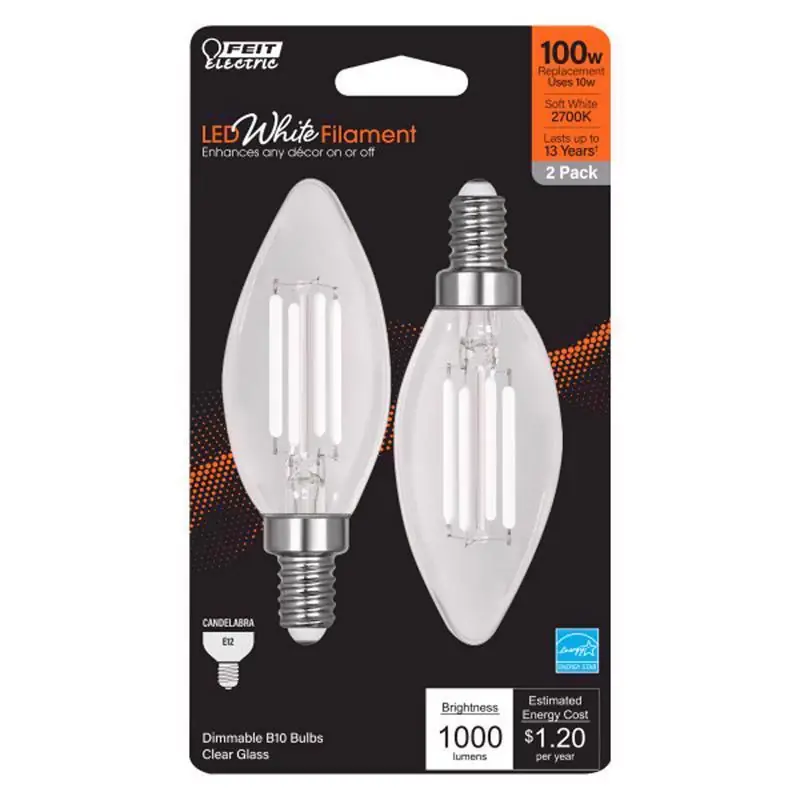 Authentic Feit White B10 E12 (Candelabra) Filament LED Bulb Soft White 100 Watt Equivalence 2 pk