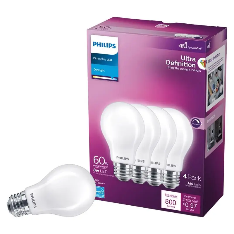 Luxury Philips Ultra Definition A19 E26 (Medium) LED Bulb Daylight 60 Watt Equivalence 4 pk