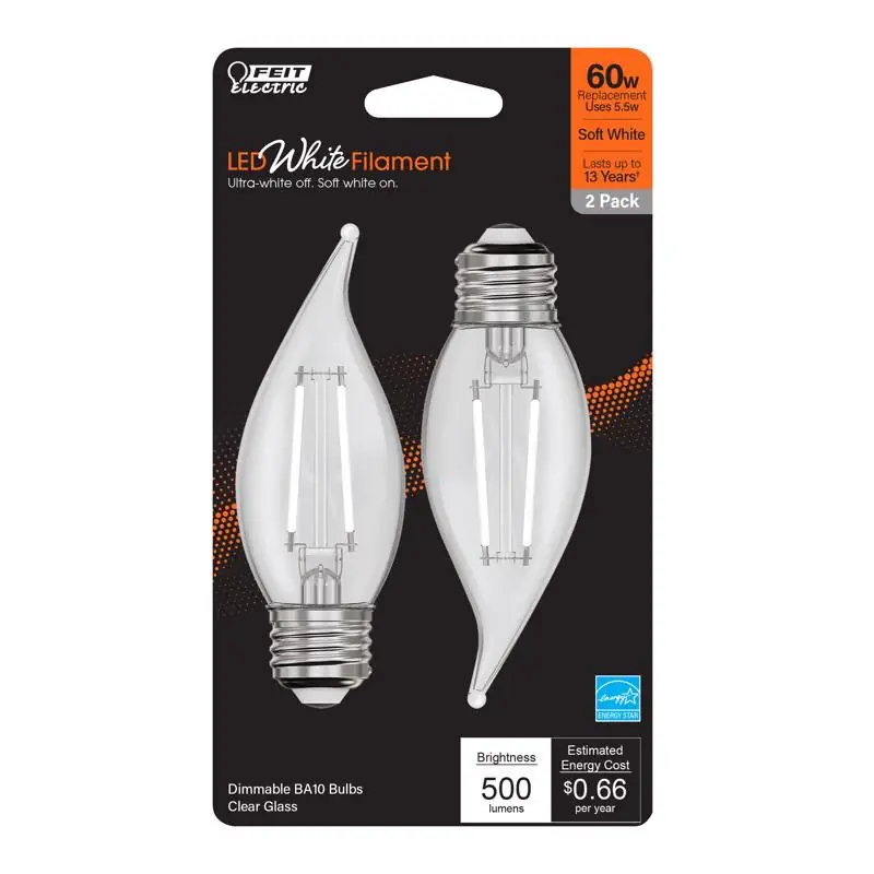 Feit White BA10 E26 (Medium) Filament LED Bulb Soft White 60 Watt Equivalence 2 pk Luxury