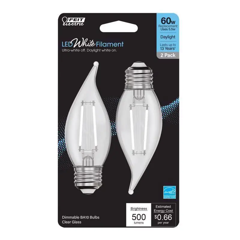 High Quality Feit White BA10 E26 (Medium) Filament LED Bulb Daylight 60 Watt Equivalence 2 pk