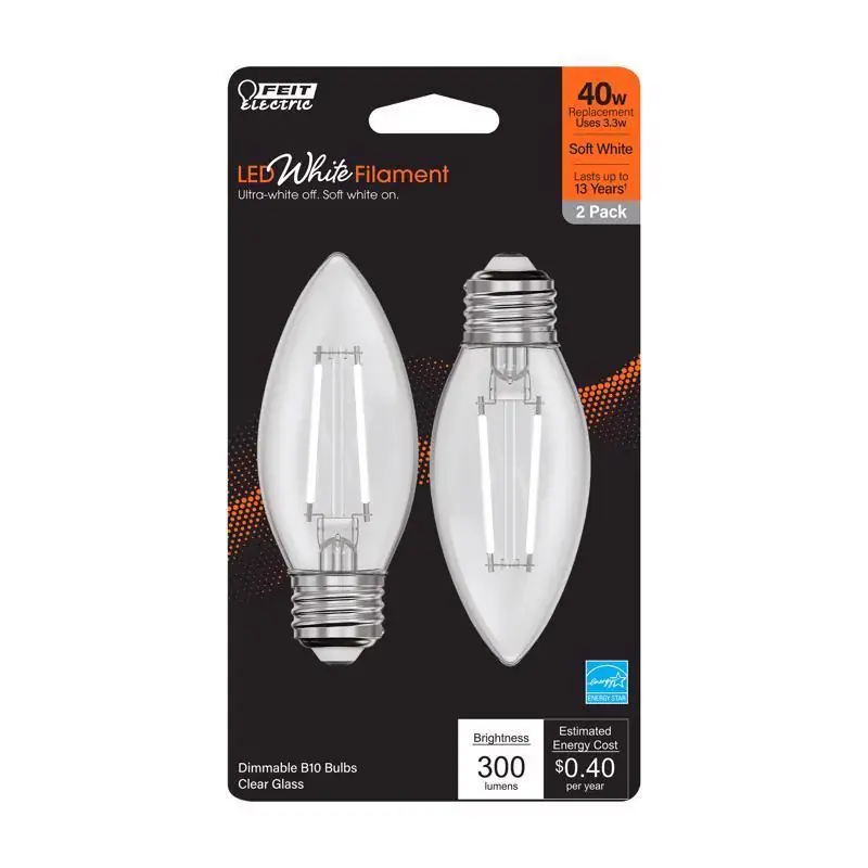 Authentic Feit White B10 E26 (Medium) Filament LED Bulb Soft White 40 Watt Equivalence 2 pk
