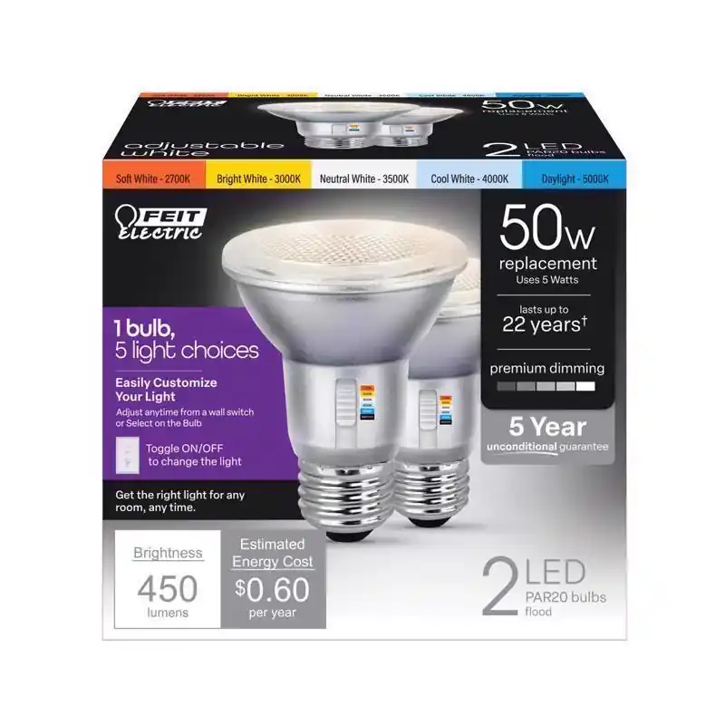 Feit PAR20 E26 (Medium) LED Floodlight Bulb Adjustable White 50 Watt Equivalence 2 pk Luxury