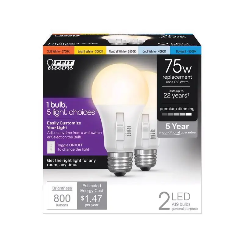 Price Drop Feit A19 E26 (Medium) LED Bulb Adjustable White 75 Watt Equivalence 2 pk
