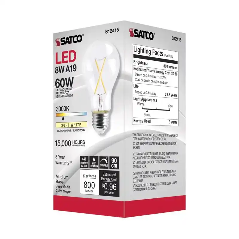 Markdown Satco A19 E26 (Medium) Filament LED Bulb Soft White 60 Watt Equivalence 1 pk