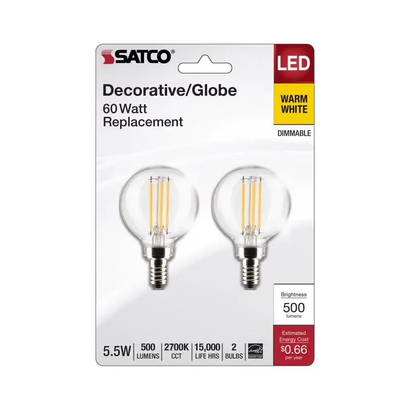 Buy Direct Satco G16.5 E12 (Candelabra) Filament LED Bulb Warm White 60 Watt Equivalence 2 pk