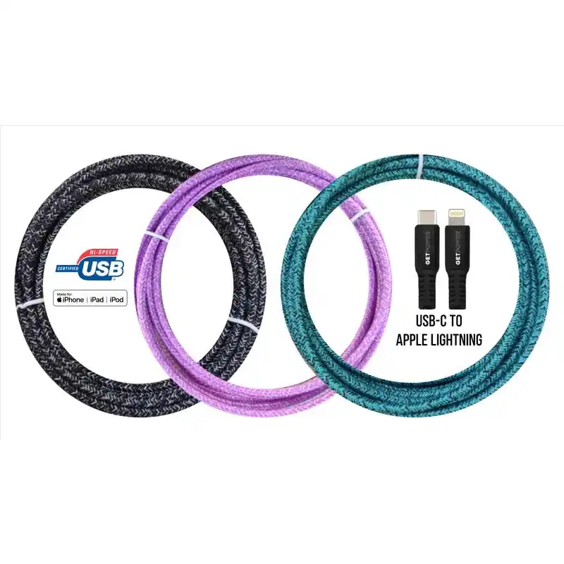 Crafted GetPower Assorted Braided Lightning to USB-C For Apple iPod, iPhone, iPad 10 ft. L, Pack of 12