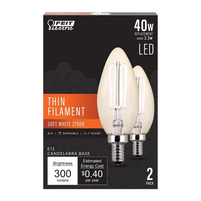 Feit B10 E12 (Candelabra) Filament LED Bulb Soft White 40 Watt Equivalence 2 pk Today Only